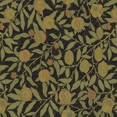 an old fashioned wallpaper with fruit and leaves on black background, from the late 19th century