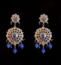 Rani haar made using real sapphire stones and beads with clear cz polki gold plated length is 14 inch on each side earrings included Elegant Kundan Jeweled Danglers, Elegant Jeweled Kundan Danglers, Elegant Chandbali Kundan Necklace With Gold Beads, Elegant Blue Kundan Necklace With Intricate Design, Kundan Earrings With Stones For Wedding, Blue Traditional Earrings For Reception, Traditional Blue Earrings For Reception, Blue Stone Work Temple Jewelry Earrings, Elegant Stone Earrings For Festive Occasions