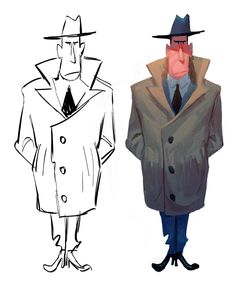 a drawing of a man in a trench coat and hat