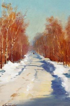 an oil painting of a snowy road with trees