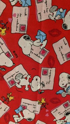 a red background with snoopy characters and envelopes