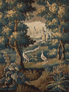 an image of a painting with birds in the woods and trees on it's side