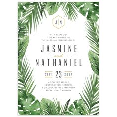 a tropical wedding card with palm leaves