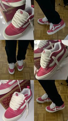 In love Back To School Shoes Ideas, New Vans Outfit, Vans Knu Skool Pink Outfits, Pink New Skool Vans Outfit, Shoe Ideas For School, Vans Sneakers Outfit, Pink Vans Outfit, Pretty Sneakers, Vans Pink