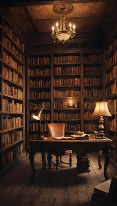 an old library with many bookshelves and lamps on the desk, all lit up