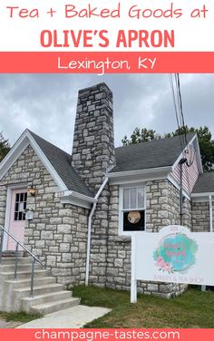 an old brick house with the words tea and baked goods at olive's apron next to it