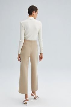 Beige Ribbed Scuba Ankle Trouser Beige Stretch Ankle-length Dress Pants, High Stretch Elastane Trousers, Beige Stretch Wide Leg Dress Pants, Beige Full Length Bottoms For Work, Beige Stretch Business Casual Pants, Chic Beige Elastane Pants, Elegant High Stretch Straight Leg Bottoms, Stretch Beige Straight Leg Pants, Beige Stretch Wide-leg Dress Pants