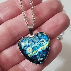 This Is New And Is A Glass Heart Cabachon With The Print Of Vincent Van Gogh Starry Nights Painting, This Has A Little Beautiful Church At The Bottom Of The Painting. This Is Silver Tone, Maybe Plated, I've Had It For A Few Years Just Never Listed It But It's Not Tarnished At All, Still Looks New, Never Worn. Measures 24" Long Box 13 I Sell In My Closet And Have Tons Of Other Brands Similar To List Such As Kirk's Folly, Warner, Hollycraft, Saint John, Ralph Lauren, Swarovski, Uterque, Pandora, C Artistic Silver Heart Necklace, Blue Heart Necklace With Adjustable Chain, Blue Adjustable Necklace For Valentine's Day, Adjustable Blue Necklaces For Valentine's Day, Adjustable Blue Necklace For Valentine's Day, Valentine's Day Blue Adjustable Necklace, Nickel-free Blue Heart Necklaces, Van Gogh Heart, James Avery Charms