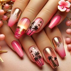 Beautiful infusion of pink palm tree nail art! 🌸💖 The gradient from soft sandy beige to vibrant pink creates a stunning visual of a beach at sunset, while the gold foil silhouettes of palm trees and seashells now have a touch of pink for an extra pop. The addition of delicate, pink-hued seashells and starfish among the palm trees brings the theme together, marrying the warmth of the beach sunset with the charm of pink and the luxury of gold. Cabo Nails, Nail Art With Gold, The Beach Sunset, Art With Gold, Spring Nail Ideas, Pink Palm Tree