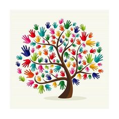 a tree with many hands painted on it and the branches are multicolored in different colors