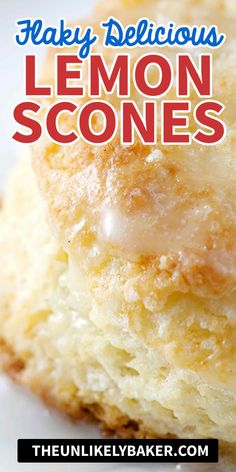 lemon scones stacked on top of each other with the words, easy delicious lemon scones