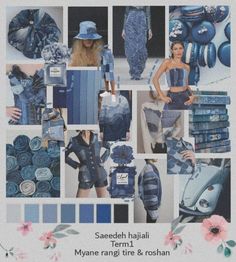 a collage of blue and white images with flowers