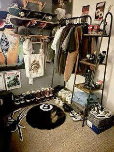 a room filled with lots of clutter and shoes on top of carpeted flooring