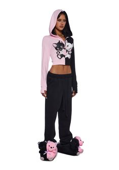 cuz muah! These sweatpants have a fleece lining, an elastic waistband with adjustable drawstrings, elastic ankle cuffs, front pockets, and heart shaped back pockets with a ruffled trim. Trendy Winter Sweatpants With Drawstring, Trendy Black Sweatpants For Leisure, Trendy Winter Joggers With Drawstring, Hip Hop Black Pants For Loungewear, Trendy Black Sweatpants For Jogging, Black Joggers For Winter Loungewear, Pink Winter Sweatpants For Jogging, Black Drawstring Bottoms For Winter, Black Drawstring Joggers For Fall