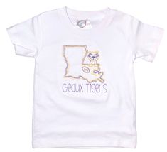 Embroidered LSU FOOTBALL SHIRT GEAUX TIGERS Collegiate Embroidered Top For Game Day, White Tops With Embroidered Logo For Game Day, White Embroidered Graphics T-shirt For College, White Shirt With School Spirit For Spring, Embroidered School Spirit Tops For Game Day, School Spirit Embroidered Tops For Game Day, Embroidered Relaxed Fit College T-shirt, Short Sleeve School Spirit Shirt For Spring, School Spirit Short Sleeve Shirt For Spring