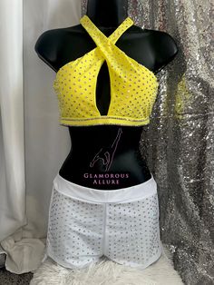 This is a one of a kind audition costume. Yellow top paired with white shorts stoned with ab crystal rhinestones. True to size US Women Medium.  Measurements in inches  Top length 12.6  Bust 36.2 Underbust 27.6-33.9 Bottom  Length 8.9 Waist size 27.6-38.6 Glamorous White Tops With Rhinestones, Bedazzled Fitted Top For Night Out, White Top With Rhinestones For Night Out, Glamorous Fitted Bedazzled Tops, Glamorous Bedazzled Fitted Tops, White Rhinestone Bottoms For Summer, White Rhinestone Party Bottoms, Dance Audition, Womens Costumes