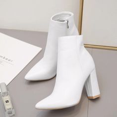 Lasaky - White Fashionable Pointed Toe Chunky Heel Ankle Boots White Pointed Toe Booties For Winter, White Pointed Toe Winter Booties, White High Heel Boots, White Heel Boots, Womens High Heel Boots, Basic Boots, Rough Heels, Chunky Heel Ankle Boots, High Ankle Boots