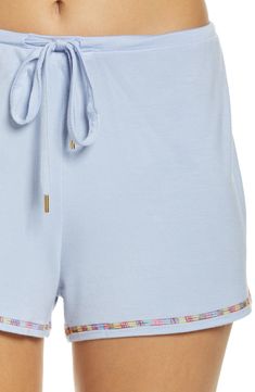 Short-sleeve pajamas in a blissfully soft knit you'll want to live in are detailed with colorful embroidery. 23" top length; 2 1/2" inseam; 14" leg opening; 9 1/2" front rise; 12 1/2" back rise Top has crewneck; short sleeves Shorts have drawstring waist 95% rayon, 5% spandex Machine wash, line dry Imported Comfortable Pajama Shorts For Spring Pajama Party, Comfortable Spring Pajama Shorts For Pajama Party, Cozy Blue Sleepwear For Spring, Casual Spring Sleepwear For Lounging, Casual Spring Loungewear, Comfortable Blue Sleepwear For Spring, Comfortable Spring Pajama Shorts For Sleep, Casual Loungewear Sleepwear For Spring, Casual Spring Sleepwear For Loungewear