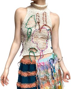 TAKA Selects White High Neck Ripped Vest Jumbo Yarn Vest, Cheap Patchwork Knit Top, Abstract Crochet Vest, Recycled Materials Fashion, Rock Crochet, Trash Fashion, Alternative Style, Knit Picks, Y2k Retro