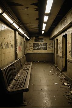 an abandoned subway station with graffiti all over the walls and benches on the ground in front of them