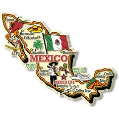 an illustrated map of mexico with all the major cities and their flags on white background