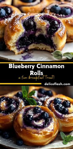 blueberry cinnamon rolls with powdered sugar on top