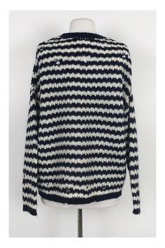 Take on the cool weather in style with this warm sweater. Made with bold stripes in a wool blend knit fabric. Great to pair with casual skinny jeans. Size XS 23% wool, 16% mohair, 5% alpaca, 38% acrylic, 18% polyamide Made in Italy Slip on Long sleeve Striped Rounded neckline Shoulder to hem 23.5" Warm Sweater, Bold Stripes, Warm Sweaters, Striped Sweater, Navy Stripes, The Cool, Stripe Sweater, Fashion Casual, Alpaca