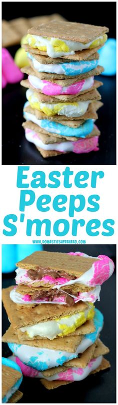 easter peeps s'mores sandwich is stacked on top of each other