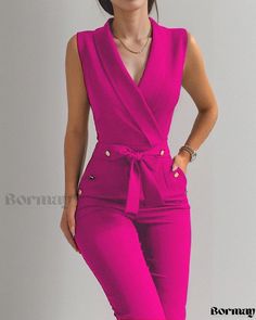 Bormay - Sleeveless Tailored Fashion Jumpsuit with Mandarin Collar Sleeveless Pink Party Jumpsuits And Rompers, Pink Sleeveless Jumpsuits And Rompers, Fitted Pink Jumpsuits For Work, Fitted Pink Jumpsuits And Rompers For Work, Pink Fitted Jumpsuit For Work, Pink V-neck Jumpsuits For Work, Elegant Pink Jumpsuits And Rompers For Work, Tailored Fashion, Jumpsuit Fashion