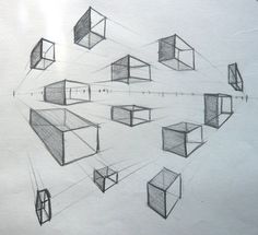 a drawing of several cubes on a sheet of paper with lines going through them