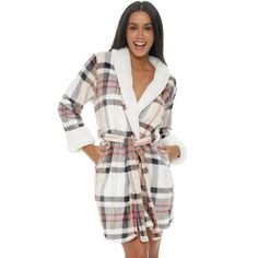 Unwind in this high pile fleece trim robe.  Super comfy, cozy and super soft.   This luxurious house robe features high pile fleece trim around the collar and sleeve cuffs.  Pockets big enough for a smart phone and an inner tie to ensure the robe stays closed while you're active. Plush Robe, Soft Robes, Cotton Nightgown, One Piece Clothing, Beige Plaid, Onesie Pajamas, Evening Routine, Fleece Pajamas, One Piece Pajamas