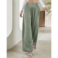 Pea Green Button Detail High Waist Wide Leg Pants Non-stretch Ankle-length Pants With Buttons, Casual High-waisted Pants With Buttons, Green High-waisted Pants With Button Closure, Green High-waisted Pants With Buttons, Green Bottoms With Button Closure, Baggy High-waist Buttoned Pants, Baggy High-waist Pants With Buttons, Baggy High Waist Pants With Buttons, Green Wide Leg Pants With Button Closure