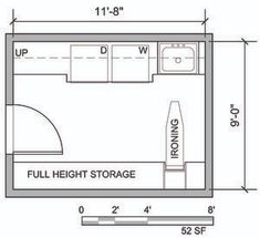 the floor plan for a small bedroom with an overhead storage area and full height storage space