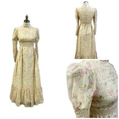 1970s Vintage Romantic Maxi Dress -Cottagecore- in warm ivory with pink and gold flowers, with green leaves. Features a super-smocked bodice, and most of the puffed sleeves. It has lovely vintage accents of daisy chain lace around the sleeves, around the high Victorian style collar, and on the wide waistband. It has a long back metal zipper and is lined all but the sleeves. It is in excellent ready-to-wear condition. Would make a perfect Victorian costume as well. Chest:34" Waist:28" Hips:44" Sh Cottagecore Pink, Romantic Maxi Dress, Farm Dress, Victorian Costume, Dress Cottagecore, Vintage Fits, Daisy Chain, Puffed Sleeves, Floral Stripe