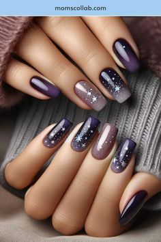 Cool Winter Nail Designs, Purple And Silver Nail Art, Cool Nail Art Short Nails, Nail Design How To, Color Changing Nails Designs, Nightcourt Acotar Nails, Winter Nails With Designs, January Nail, January Nail Designs