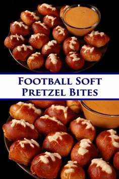 A plate of mini football shaped pretzel bites next to a bowl of hot beer cheese dip. Overlaid text says football soft pretzel bites. Football Shaped Appetizers, Themed Charcuterie Boards, Football Themed Snacks, Soft Pretzel Bites Recipe, Football Shaped Foods, Football Themed Food, Football Tailgate Food, Pretzel Bites Recipe, Soft Pretzel Bites