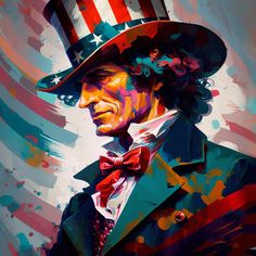 a painting of abraham lincoln with an american flag on his hat and bow tie, painted in bright colors