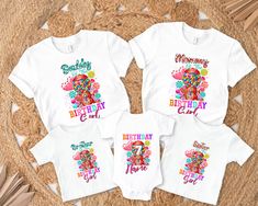 three t - shirts with the words happy birthday and an image of a clown on them