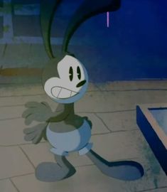 a cartoon rabbit is standing on the floor in front of a door and looking at something