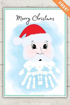 a christmas card with a santa hat and handprints on it, says merry christmas