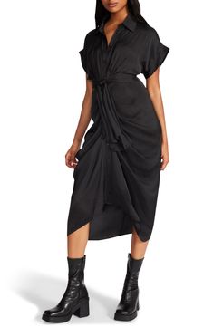 A tie accent at the waist creates a stylishly gathered effect on this midi-length shirtdress that easily moves from work to weekend. 40" front length; 50" back length (size 8) Front button closure Attached waist tie Spread collar Short sleeves Unlined 100% polyester Hand wash, dry flat Imported Black Belted Midi Dress For Semi-formal Occasions, Chic Mid-length Shirt Dress For Work, Elegant Black Dress With Tie Fastening, Chic Rayon Shirt Dress For Daywear, Black Shirt Dress With Tie Waist For Summer, Black Belted Shirt Dress For Daywear, Rayon Midi Dress With Tie Waist, Black Viscose Shirt Dress For Work, Viscose Knee-length Shirt Dress For Work