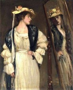 a painting of two women in dresses and hats looking at their own reflection on a mirror