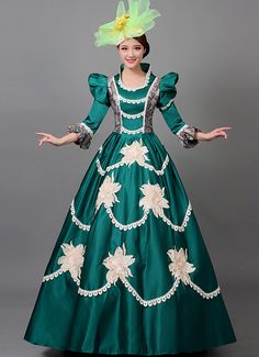 Women Green Rococo Baroque Ball Gown Dress Condition: Brand New  Color:Green  Material: This dress made of High Quality Satin, soft,smooth and comfortable to wear  Sleeve Length: Half Sleeve  Dresses Length:Floor Length  Neckline:  Square Collar  Decoration: Ruffles + Lace  Package Includes:  Dress + Hat    The length of skirt about 45 inches (114 cm) long from waist to hem regardless of size. This dress is pictured with a 6-hoop skirt Petticoat underneath to achieve the look. Petticoat are Flower Half Sleeve, Masquerade Party Dresses, Gothic Victorian Dresses, Victorian Era Dresses, Southern Belle Dress, Baroque Dress, Fancy Ball, Dress Ball Gown, Party Dresses Online