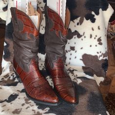 Top Shaft Of Boot Leather Is Buttery Soft, Bottom Part Of Boot Is Crocodile Print Leather, Don’t Think They Were Even Worn 1 Time So Nwot Fitted Crocodile Pattern Boots For Fall, Brown Crocodile Pattern Boots For Fall, Ariat Shoes, Mid Calf Boots, Printed Leather, Shoes Heels Boots, Mid Calf, Cowboy Boots, Size 10