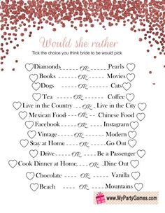 a wedding game with hearts and confetti on the side, which reads would she rather be married?