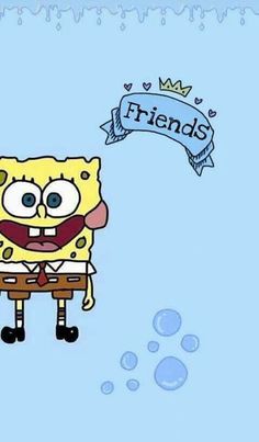 spongebob is standing in front of a blue background with the words friends on it