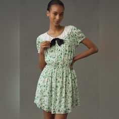 Maeve By Anthropologie Color: Green Floral, Size: M, New, Never Worn Machine Wash, Side Seam Pockets, Button Up Front Collared Mini Dress, Ruffled Collar, Dress Medium, Black Bow, Floral Mini Dress, Anthropologie Dresses, Tight Leggings, Pullover Styling, Anthropologie