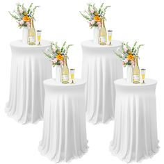 four white round tables with vases and flowers on them, set against a white background