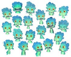 a bunch of cartoon monsters with different facial expressions and hair colors are shown in this image