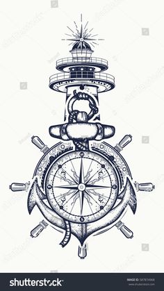 an anchor, compass and lighthouse on a white background